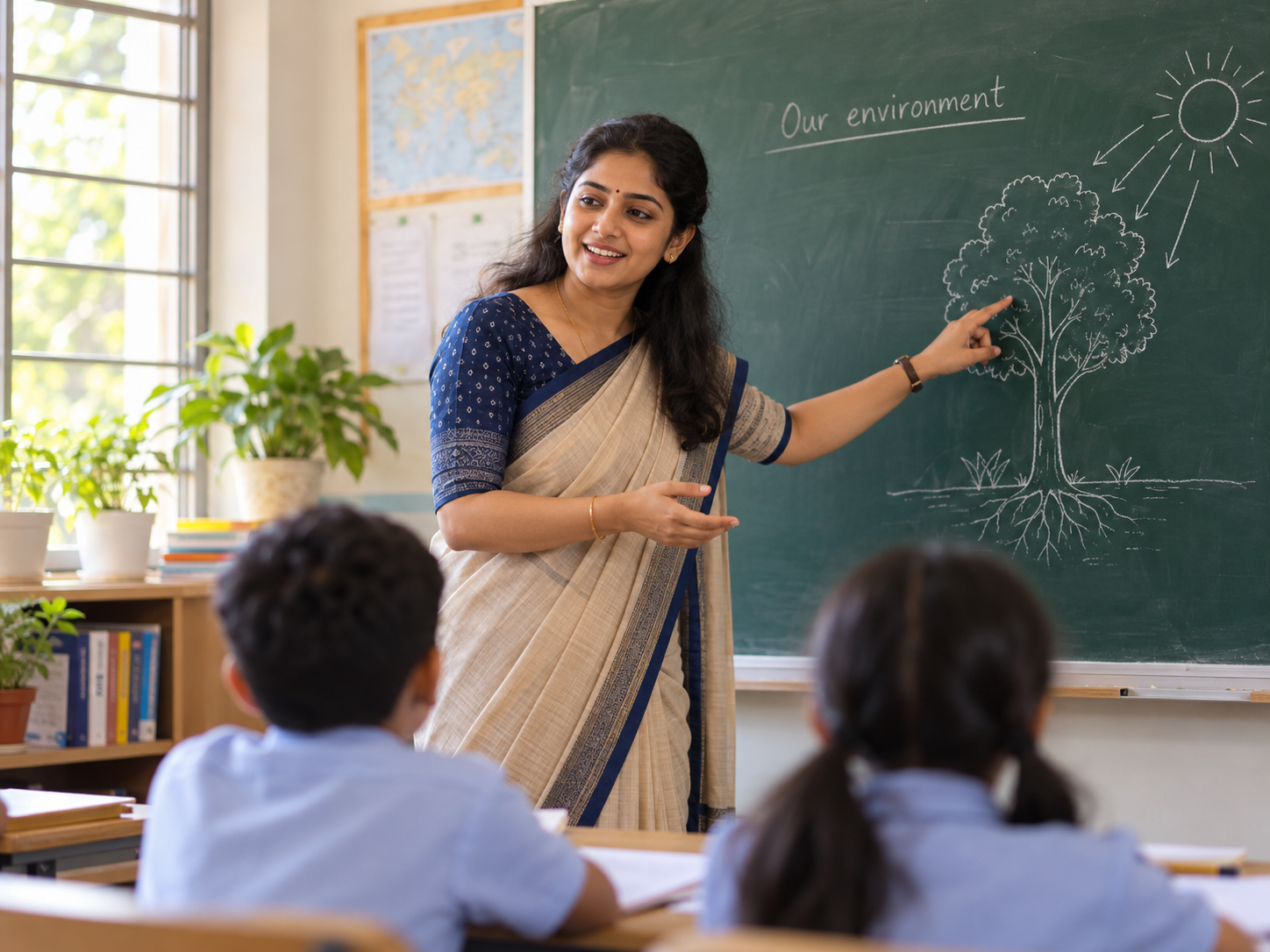 Illustrative classroom scene of an Indian teacher explaining the environment to students